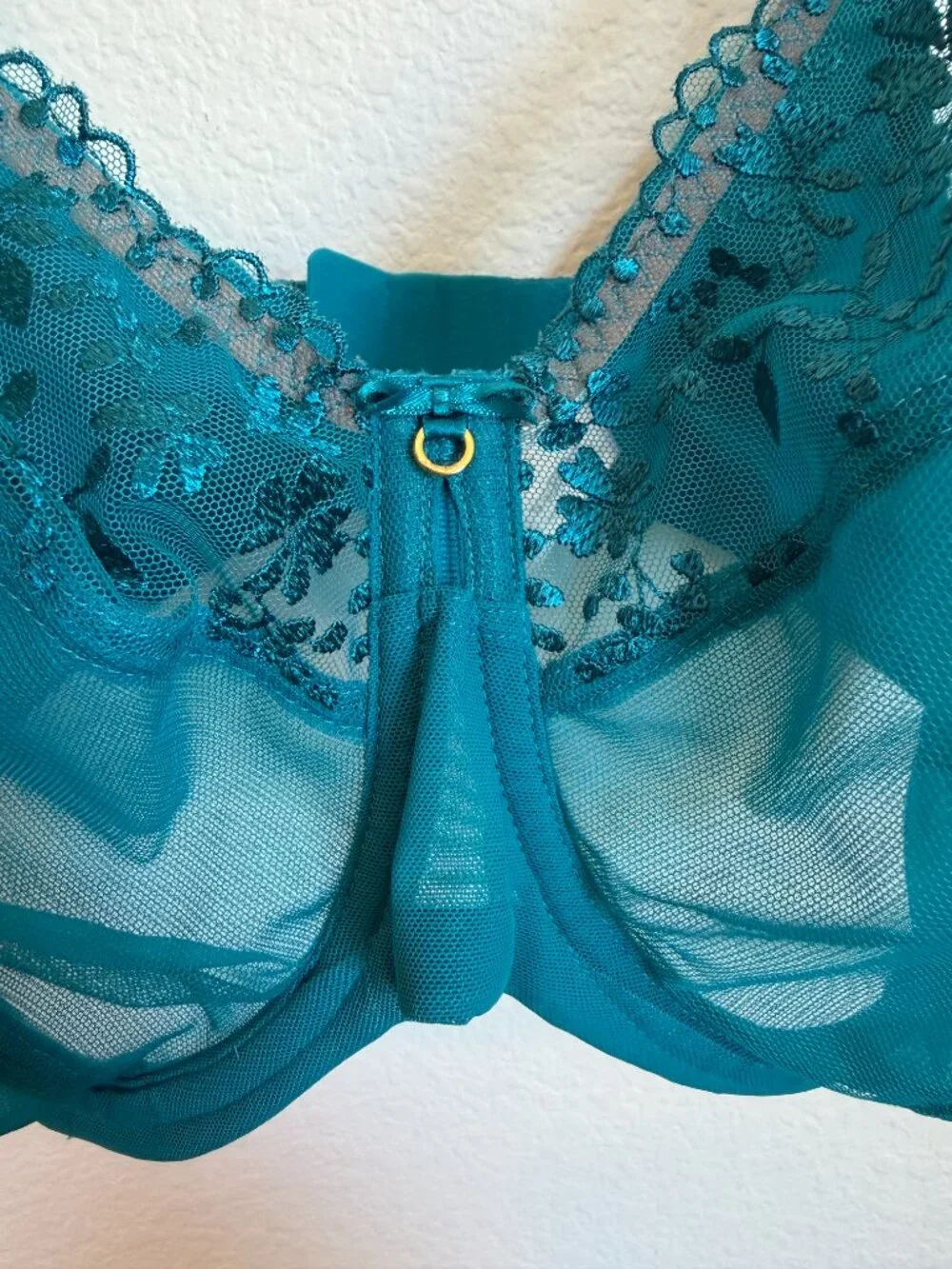 Elomi Zarla Plunge Underwire Bra Teal Embroidered Mesh 36HH